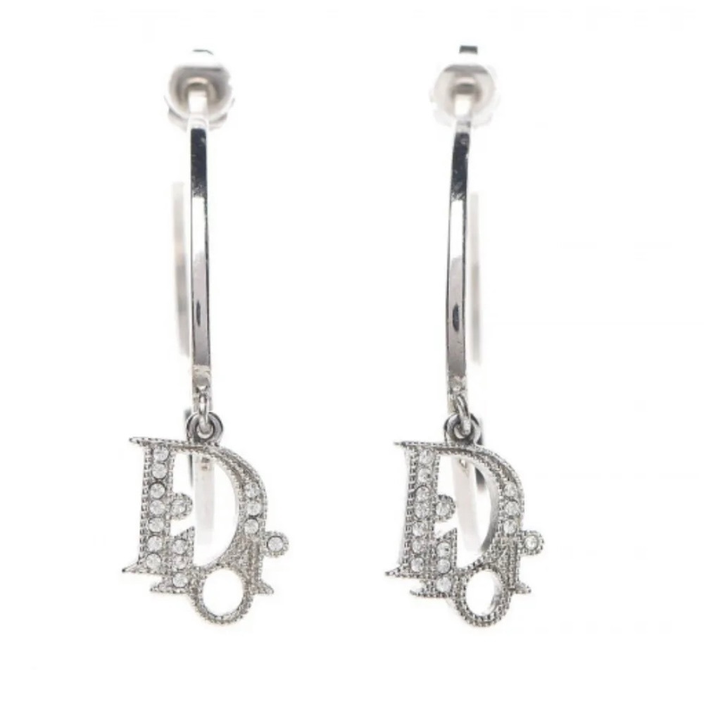 DIOR Hoop Earrings Swarovski Crystal Silver Oblique Vintage Authentic